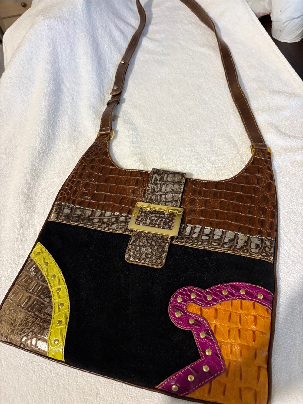 Tous Brown Croc-Embossed crossbody Bag with Black, Orange & Pink Accents